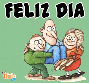 A Cartoon Of A Man Carrying Two Children With The Words Feliz Dia Above Him GIF