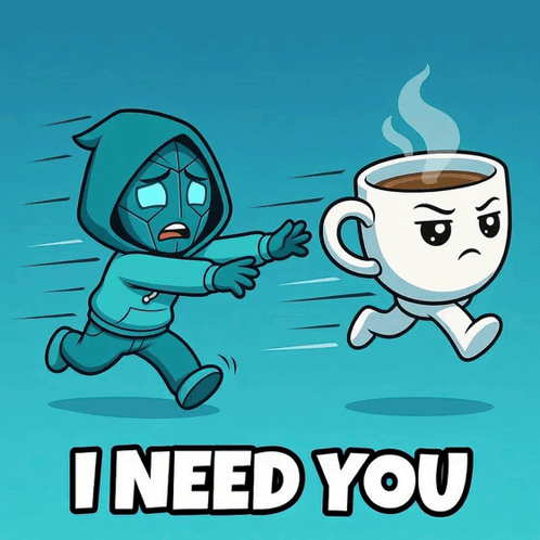 A Cartoon Of A Man Chasing A Cup Of Coffee That Says I Need You On The Bottom GIF