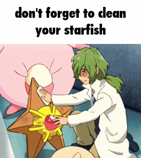 A Cartoon Of A Man Cleaning A Starfish With The Words Do N't Forget To Clean Your Starfish . GIF