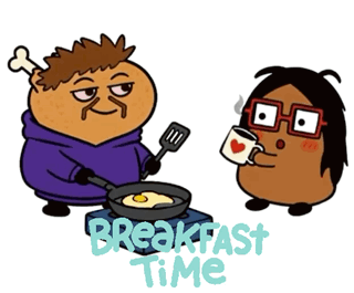 A Cartoon Of A Man Cooking An Egg Next To A Potato Holding A Mug That Says Breakfast Time GIF