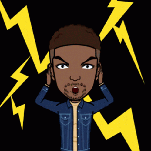 a cartoon of a man covering his ears with his hands with a lightning bolt in the background