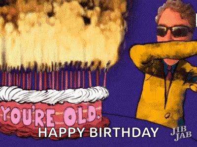 A Cartoon Of A Man Covering His Mouth In Front Of A Birthday Cake With Candles . GIF