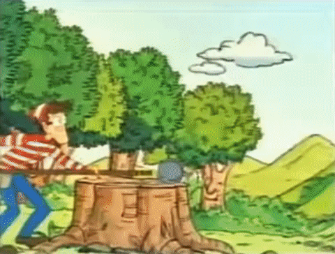 A Cartoon Of A Man Cutting A Tree Stump GIF