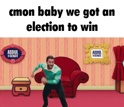A Cartoon Of A Man Dancing In A Living Room With The Words Cmon Baby We Got An Election To Win GIF