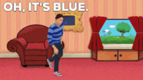 A Cartoon Of A Man Dancing In A Living Room With The Words Oh It 'S Blue Above Him GIF