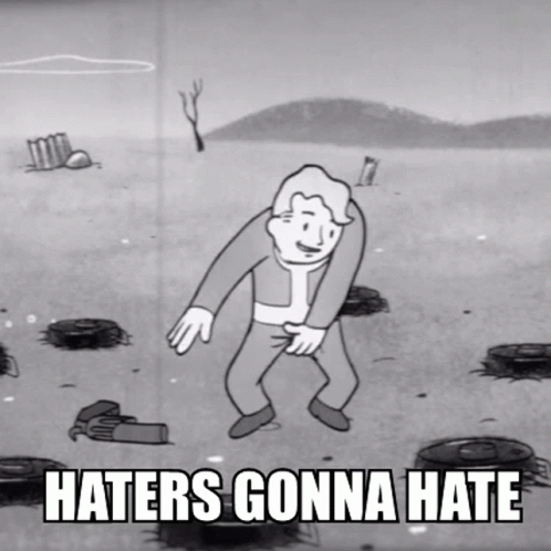 A Cartoon Of A Man Dancing With The Words Haters Gonna Hate GIF