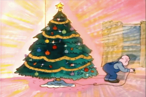 A Cartoon Of A Man Decorating A Christmas Tree In A Room GIF