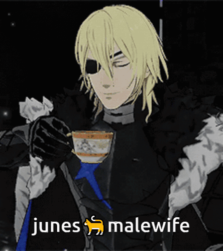 A Cartoon Of A Man Drinking From A Cup That Says Junes Malewife On The Bottom GIF