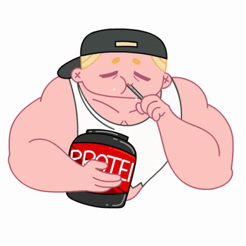 A Cartoon Of A Man Drinking Protein From A Bottle GIF