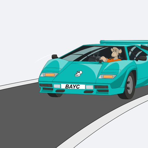 A Cartoon Of A Man Driving A Car With A License Plate That Says Bayc GIF