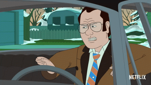 A Cartoon Of A Man Driving A Car With A Netflix Logo On The Bottom GIF