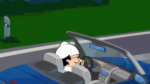 A Cartoon Of A Man Driving A Car With The Top Down GIF