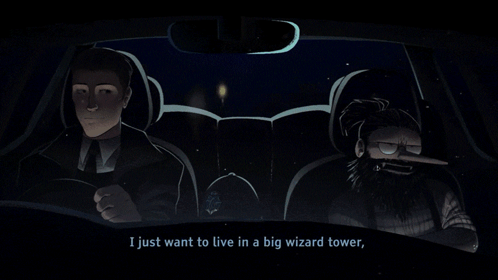 A Cartoon Of A Man Driving A Car With The Words I Just Want To Live In A Big Wizard Tower Below GIF