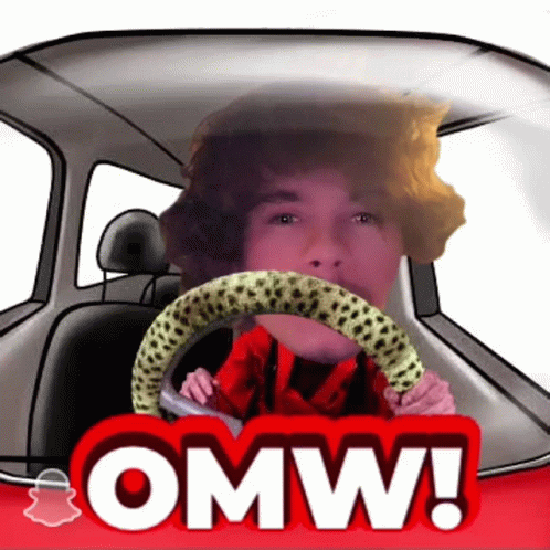 A Cartoon Of A Man Driving A Car With The Words Omw Written On It GIF