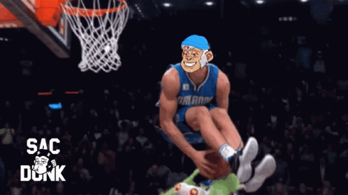 A Cartoon Of A Man Dunking A Basketball With The Words Sac Dunk On The Bottom GIF