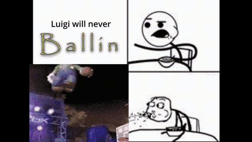 a cartoon of a man eating a bowl of cereal with the words luigi will never ballin