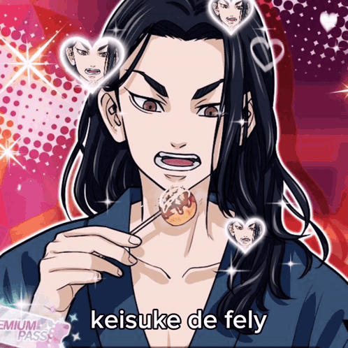 A Cartoon Of A Man Eating A Candy With The Words Keisuke De Fely Written Below Him GIF