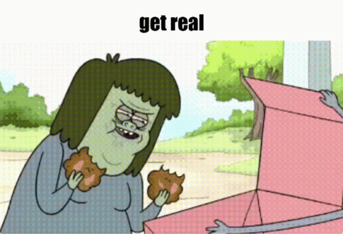 A Cartoon Of A Man Eating A Cookie With The Words Get Real Below Him GIF
