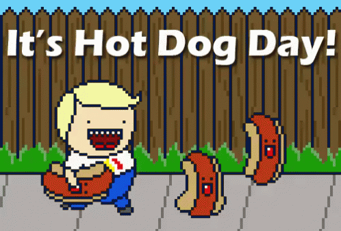 A Cartoon Of A Man Eating A Hot Dog With The Words " It 'S Hot Dog Day " Behind Him GIF