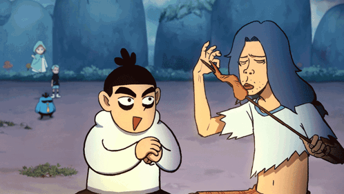 A Cartoon Of A Man Eating A Piece Of Meat While Another Man Looks On GIF