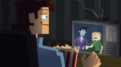 A Cartoon Of A Man Eating Popcorn While Watching A Tv Show GIF
