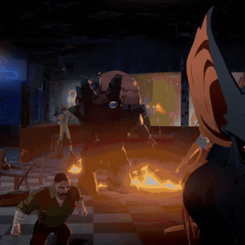 A Cartoon Of A Man Fighting A Monster With Flames Coming Out Of It GIF