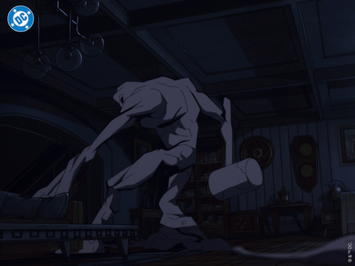 A Cartoon Of A Man Fighting A Monster With The Dc Logo In The Background GIF
