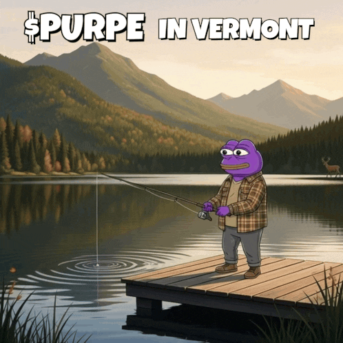 A Cartoon Of A Man Fishing On A Dock With The Words Purpe In Vermont Below Him GIF