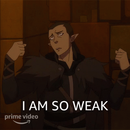 A Cartoon Of A Man Flexing His Muscles With The Words I Am So Weak Above Him GIF