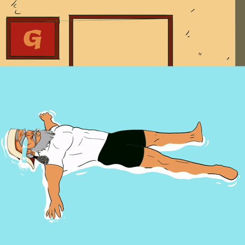 A Cartoon Of A Man Floating On His Back In A Pool With A Gatorade Sign In The Background GIF