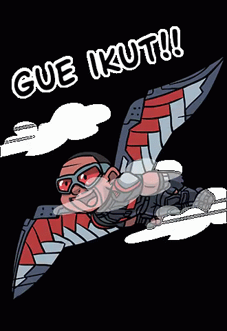 A Cartoon Of A Man Flying In The Air With The Words Gue Ikut Written Above Him GIF