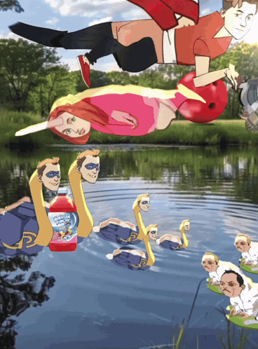 A Cartoon Of A Man Flying Over A Lake With A Bottle Of Bubble Gum GIF