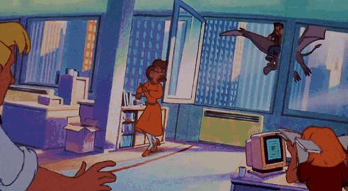 A Cartoon Of A Man Flying Through The Air While A Woman Looks At A Computer Monitor GIF