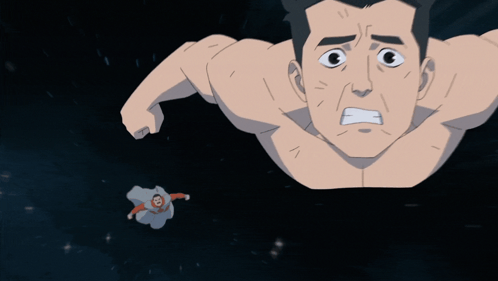 A Cartoon Of A Man Flying Through The Air With A Superhero In The Background GIF