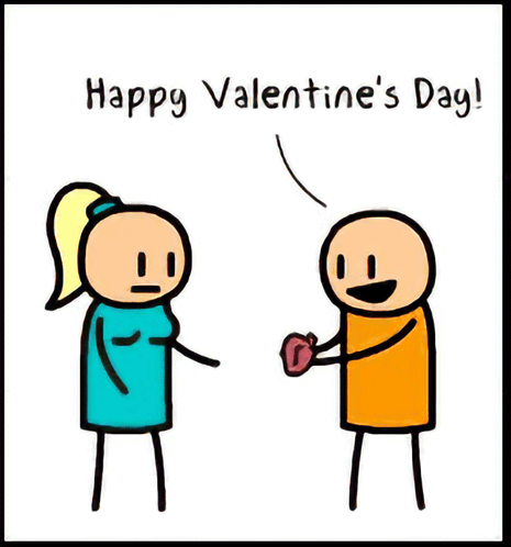 A Cartoon Of A Man Giving A Heart To A Woman Says " This Is A Happy Valentine 'S Day ! " GIF