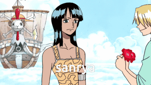 a cartoon of a man giving a rose to a woman with the word sanrya on the bottom right