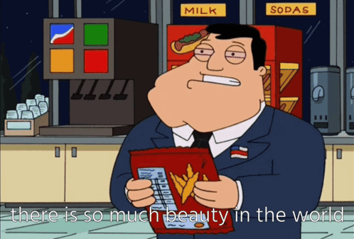 Cartoon Man Holding Chips And Saying There Is So Much Beauty In The World GIF