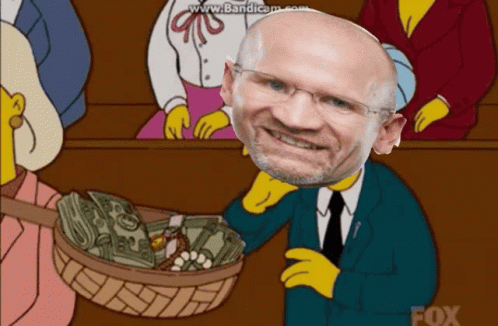 A Cartoon Of A Man Holding A Basket Of Money With A Fox Logo Behind Him GIF