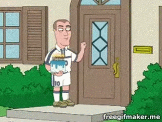 A Cartoon Of A Man Holding A Birthday Cake In Front Of A House GIF