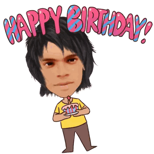 a cartoon of a man holding a birthday cake with the words happy birthday behind him
