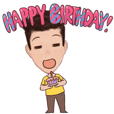 a cartoon of a man holding a birthday cake with the words happy birthday written above him