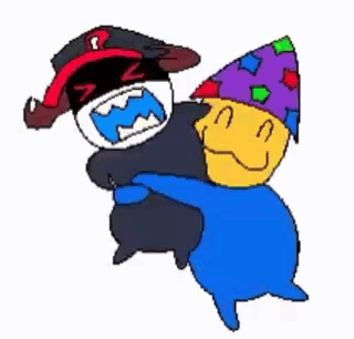 A Cartoon Of A Man Holding A Blue Pillow And A Yellow Smiley Face . GIF