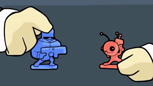 A Cartoon Of A Man Holding A Blue Toy Gun And A Red Toy GIF
