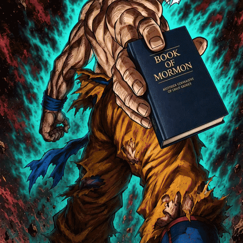 A Cartoon Of A Man Holding A Book Called Book Of Mormon GIF