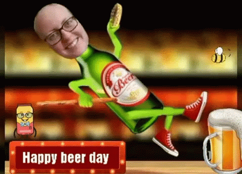 A Cartoon Of A Man Holding A Bottle Of Beer And A Happy Beer Day Sign GIF