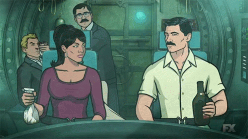 A Cartoon Of A Man Holding A Bottle Of Whiskey And A Woman Holding A Bag GIF