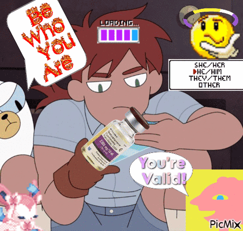 A Cartoon Of A Man Holding A Bottle That Says ' You 'Re Valid ' On It GIF