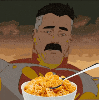 A Cartoon Of A Man Holding A Bowl Of Cereal With A Spoon In It GIF