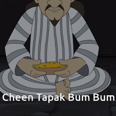 A Cartoon Of A Man Holding A Bowl Of Food With The Words Cheen Tapak Bum Bum Underneath Him GIF