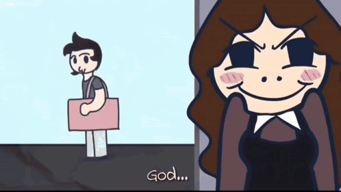 A Cartoon Of A Man Holding A Box And A Woman Saying " God " GIF